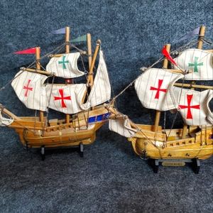 2 Wooden Ship Replica Santa Maria Display Cloth Sails Metal Detail Nautical